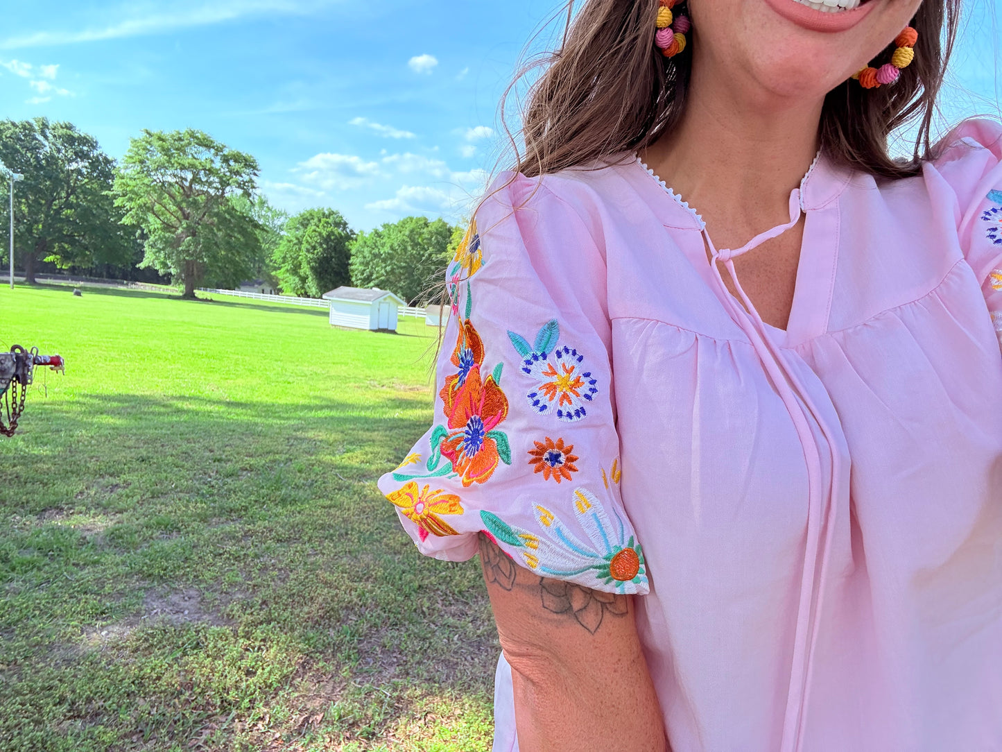 Embroidered Floral Puff Sleeve Top