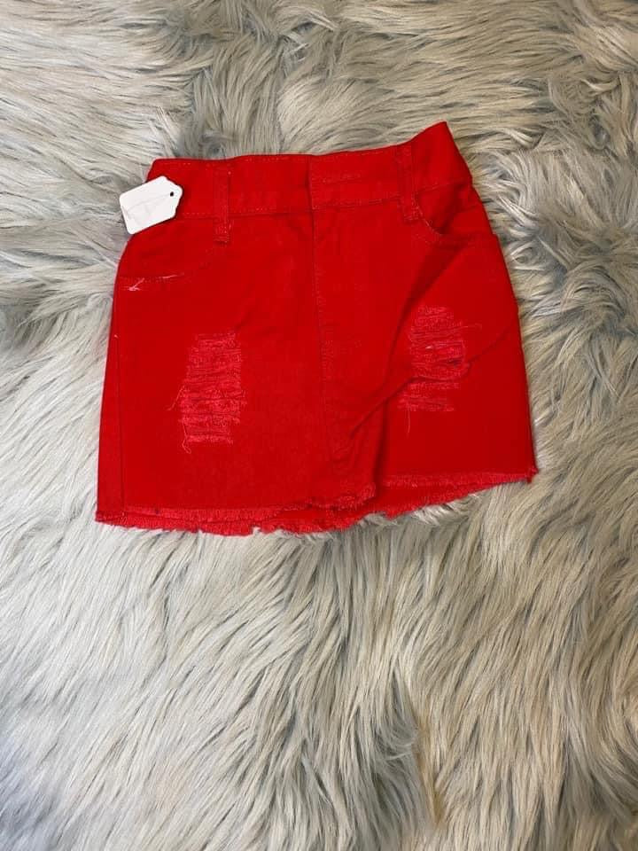 Distressed Denim Skirt- Red