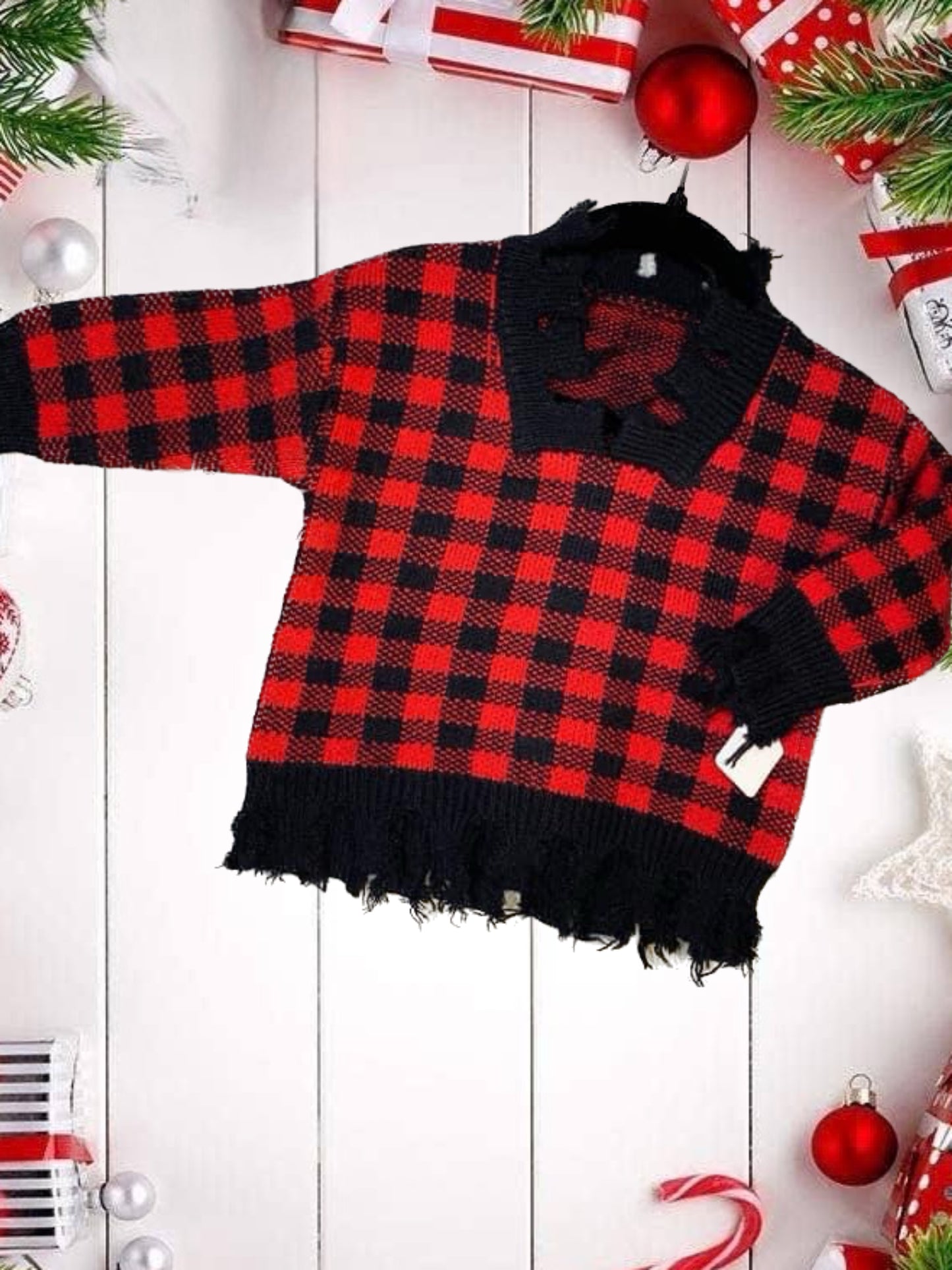 Buffalo Plaid Distressed Sweater